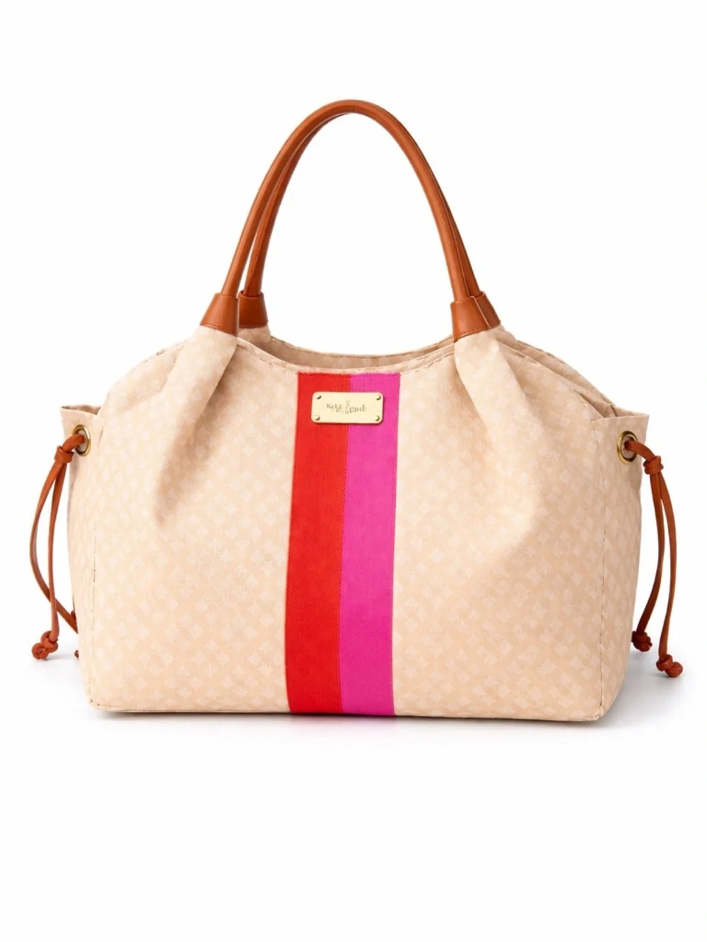 Kate Spade Canvas Tote Bag Beige Pink Stripe Large Travel Shoulder Chic